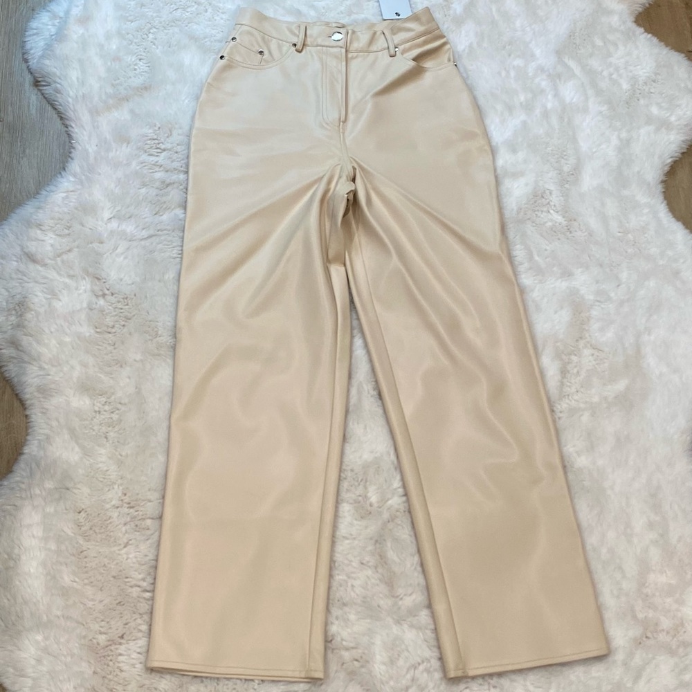 (S) Cream Lichi pleather pants beige trousers